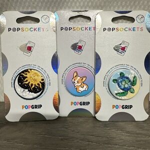 Set 3 PopSockets PopGrip Premium Phone Grip & Stand - Sun And Moon Corgi Turtle
